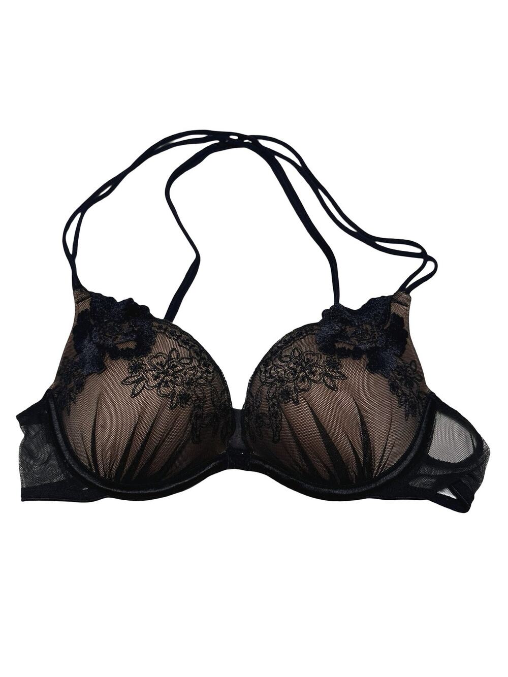 Vintage Victoria Secret Sheer Embroidered Strappy Cross Black Bra 32B